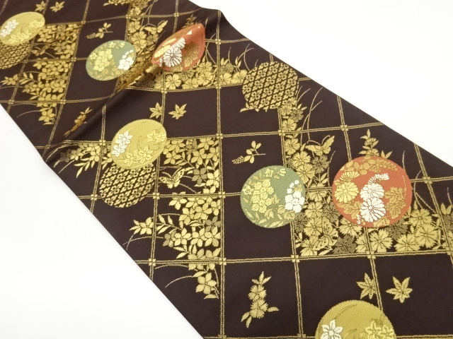 JAPANESE HIRAKI NAGOYA OBI / WOVEN BUTTERFLY & FLOWERS